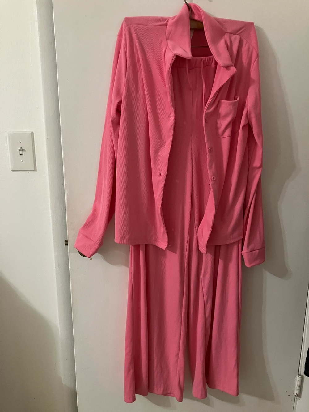 Missguided + Pink Two-Piece Button Front Top and pant set